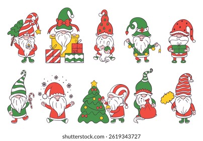 Christmas doodle gnomes. Cute dwarfs with gifts toys xmas tree. Scandinavian style characters, winter holiday funny creatures neoteric vector clipart