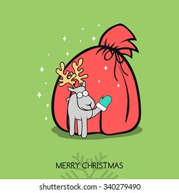Christmas doodle greeting card with deer. Deer with big bag presents. Glove on hoof. Congratulations on deer. Stars on background. Festive inscription. Creative Christmas and New Year design