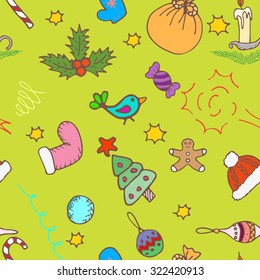 Fondo del patrón dibujado a mano en el doodle de Navidad. Papel de envoltura vectorial transparente.