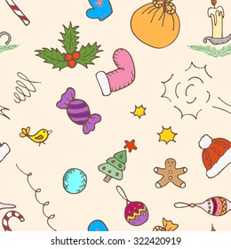 Christmas doodle hand drawn pattern background. Seamless vector wrapping paper.