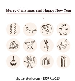 Christmas Doodle  hand drawn doodle set. Vector illustration. Isolated elements on white background. Symbol collection.