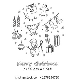 Christmas Doodle  hand drawn doodle set. Vector illustration. Isolated elements on white background. Symbol collection.