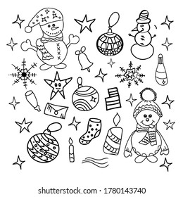 Christmas doodle hand drawn set of many new year symbols consisting of, snowflakes, snowmen, various festive paraphernalia