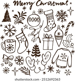 Natal doodle jogo desenhado à mão. Neve, celebração de ano novo, festa de natal, presente, árvore de natal. Elementos da estação de inverno para scrapbook, cartão, cartaz, convite, kit adesivo. Ilustração vetorial