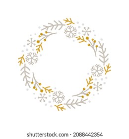 El doodle de Navidad, vector dibujado a mano, floral rama y copos de nieve marco para la decoración de texto. Ilustración de estilo escandinavo.