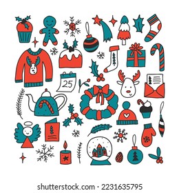 Christmas doodle hand drawn vector. New year and cozy winter elements set.