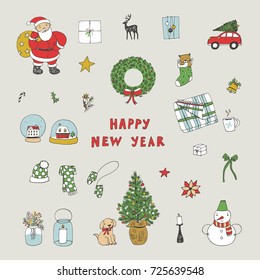 Christmas doodle hand drawn vector Santa doodle illustrations set