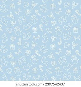Christmas doodle hand-drawn seamless pattern on a blue background. Childish New Year pattern for wrapping paper, textile, greeting cards, web design, and prints for winter holidays. 