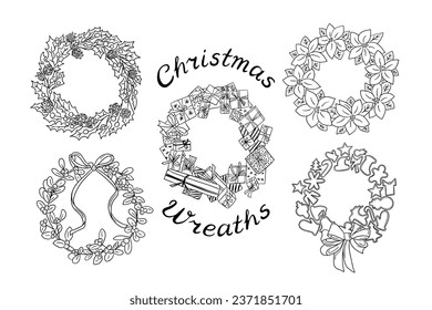 Christmas doodle handmade different holiday wreath. Sketchy outline wreath made from gifts, cookie cutters, mistletoe, poinsettia and holly leaves. Holiday design for coloring pages, stickers, pattern