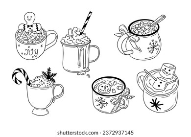 Christmas doodle hot drinks with holiday decoration. Sketchy outline cups with marshmallow, gingerbread man, candy stick and whipped cream. Holiday design for coloring pages, stickers, pattern