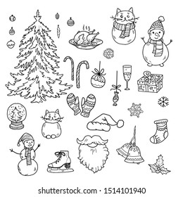 Christmas doodle icon set collection. Hand drawn vector illustration.