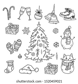 Christmas doodle icon set collection. Hand drawn vector illustration.
