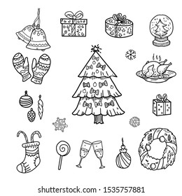 Christmas doodle icon set collection. Sock and christmas tree. Holiday attributes.