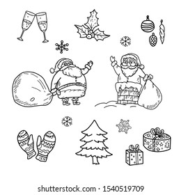 Christmas doodle icon set collection. Santa claus with gift bag and Santa in chimney.