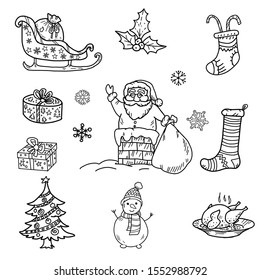 Christmas doodle icon set collection. Santa Claus with bag. Sleigh with gifts. Sock and candy.