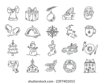 Christmas doodle icon set collection, folky style vector bundle