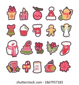 Christmas doodle icon set. Cute winter holiday symbols collection, vector sketches, logo illustrations, web signs. Holiday objects collection.Vector colorful illustration isolated on white background