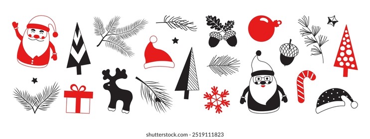 Navidades doodle icono, Navidad conjunto de invierno. Elemento de decoración Festiva colores negro y rojo. Papá Noel, regalo, cono de caramelo, reno, bola, copo de nieve, sombrero, abeto y pino. Ilustración vectorial de temporada