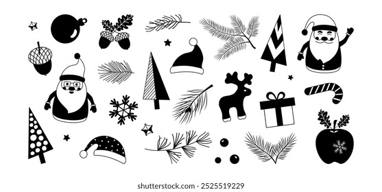 Navidades doodle icono, Navidad conjunto de invierno. Elemento de decoración Festiva colores negro y rojo. Papá Noel, regalo, cono de caramelo, reno, bola, copo de nieve, sombrero, abeto y pino. Ilustración vectorial de temporada