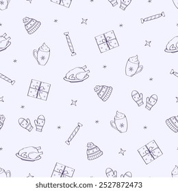 Christmas doodle icons background. Seamless pattern vector elements for design. Concept of Christmas, New Year and holiday.