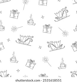 Christmas doodle icons background. Seamless pattern vector elements for design. Concept of Christmas, New Year and holiday.