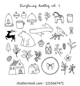 Christmas doodle icons set. Black isolated sketches on white background. Animal, floral, houses and lifestyle vector illustrations.