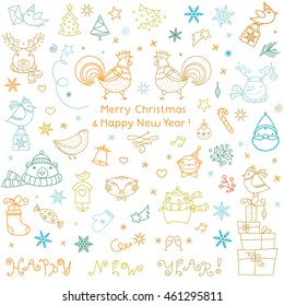 Christmas doodle icons set. Merry Christmas and Happy New Year hand written greeting sign. Cartoon animal icons and symbols set