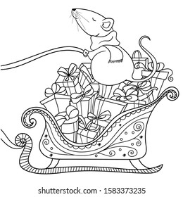 Christmas doodle illustration. Pleased and proud rat rides an open sleigh. Symbol of Chinese New Year. Christmas gifts on a Santa's sleigh. Easy to change colors, gifts are separated.