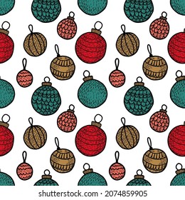 Christmas doodle illustration with red, golden and green baubles. Vector for paper, wallpaper, fabric, interior design.