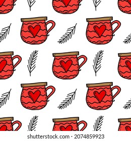 Christmas doodle illustration with red mug and fur branches. Vector for paper, wallpaper, fabric, interior design.