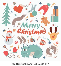 Christmas doodle illustration set. Holiday symbols and elements of the New Year. Flat illustration.