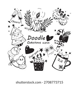 Christmas doodle illustrations featuring festive symbols, playful hand-drawn lines, cozy holiday elements, cheerful decorations, and whimsical seasonal details perfect for winter designs