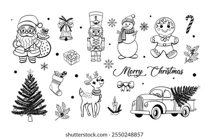 Christmas doodle illustrations set, including Santa, a reindeer, snowman, tree, gifts, nutcracker, gingerbread man, and festive decorations. Hand drawn elements collection