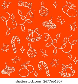 Navidades doodle elemento de tinta sin patrón. Guirnalda dibujada a mano, juguetes, mandarina, símbolo de decoración de Santa. Ilustración vectorial.	
