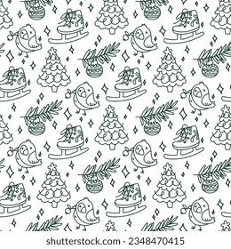 Christmas doodle items in a seamless pattern on a white. Happy Winter Holiday texture. Happy New Year. Doodle outline of decorative design elements in retro style. Printing on packaging