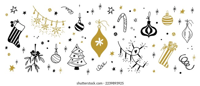 Weihnachtsdoodle. Linie, Vektorgrafik handgezeichnet. Mistletosen, Geschenksocken, Garland, Ball- und Weihnachtsbaum