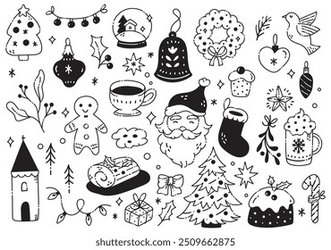 Christmas Doodle Outline Collection | Festive Hand-Drawn Holiday Symbols and Icons | Santa Claus, Gingerbread, Christmas Tree, and Winter Decorations | Black and White Line Art for Christmas Designs