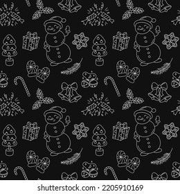 Christmas doodle pattern black and white. Vector seamless background with outline hand drawn Christmas holiday elements. Xmas design objects. Doodle repeat illustration.