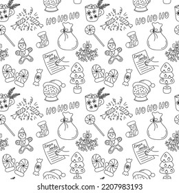 Christmas doodle pattern black and white. Vector seamless background with outline hand drawn Christmas holiday elements. Xmas design objects. Doodle repeat illustration.