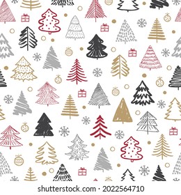 Patrón de doodle navideño con abetos. Vector hecho a mano de fondo sin fisuras.