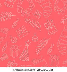 Christmas doodle pattern in gentle red colors. Winter Holiday background for package, cards, branding and packing paper. Hand drawn retro vector wallpaper. 