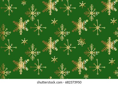 Christmas doodle pattern with gold snowflakes. Hand drawn vector background for christmas gifts wrapper