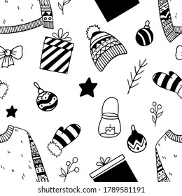 Christmas doodle pattern. Hand drawn winter pattern for cards, posters, wrapping paper, scrapbooking and other winter design.