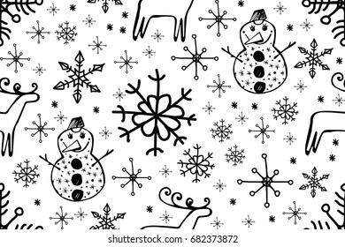 Christmas doodle pattern with hand drawn deer, Christmas tree, gingerbread, Christmas toys, snowman, santa, gifts and socks. Vector illustration