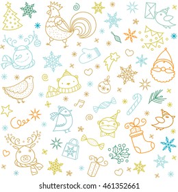 Christmas doodle pattern. Happy New Year symbols and ornaments. Cartoon animal icons.
Vector seamless background. 