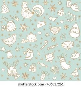 Christmas doodle pattern. Happy New Year symbols and ornaments. Cartoon animal icons.
Vector seamless blue wallpapers. 