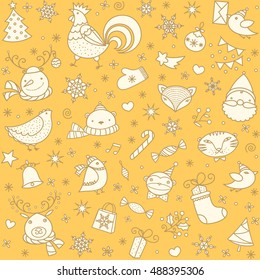 Christmas doodle pattern. Happy New Year symbols and ornaments. Cartoon cute baby animal characters set. Vector seamless yellow wallpapers. 
