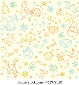 Christmas doodle pattern. New Year symbols and ornaments. Cartoon animals icons.
Vector seamless outline drawing background. 