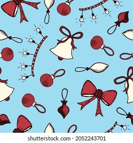 Christmas doodle pattern with ribbons, balls, light garlands, bells and other decorative elements. Winter seamless pattern in red and white colors on blue background. Hand-drawn christmas pattern