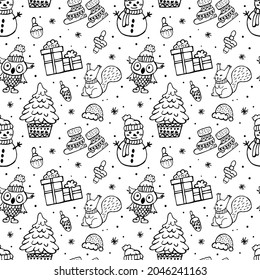 Christmas doodle pattern. Seamless pattern. Cute winter doodle illustrations. The black and white pattern is perfect for festive packaging, textiles, website design and social networks. 